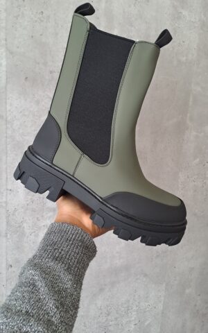 bottes bottines femme semelles chunky bi-matière kaki chelsea
