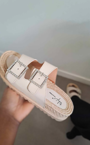 sandales plateforme chuncky doubles brides strass couleur beige