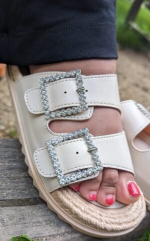 Mules sandales plates doubles brides à strass Chaussures