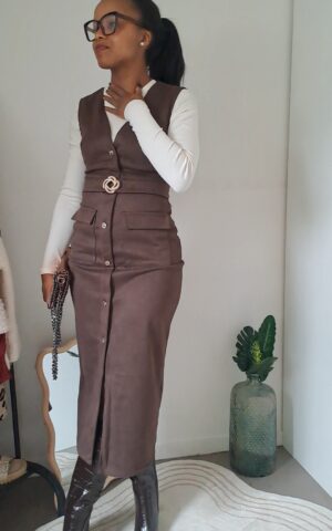 robe longue suedine fendue couleur marron modele chocolat