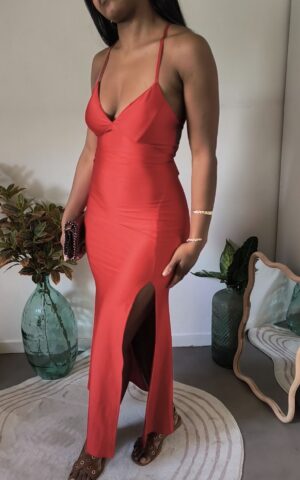 robe longue fendue dos nu rouge