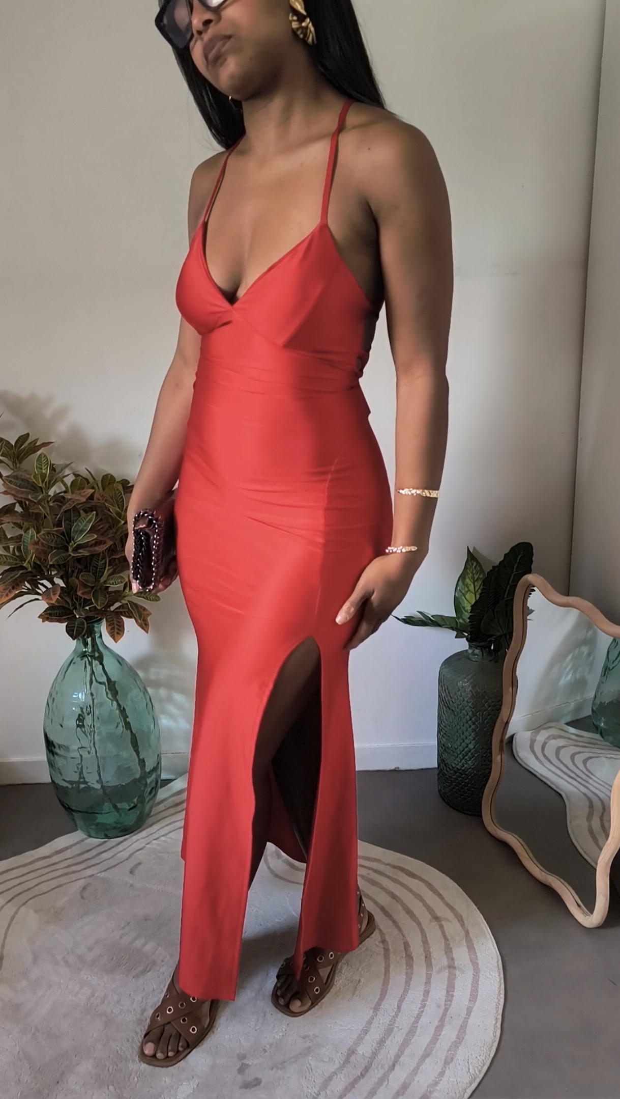 robe longue fendue dos nu rouge