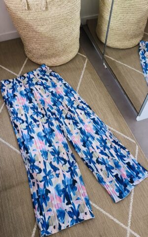 Pantalon d'été bleu plissé fluide à motifs - estival