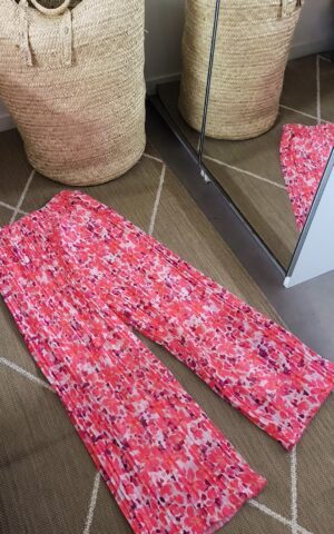 Pantalon d'été fuchsia plissé fluide à motifs - estival