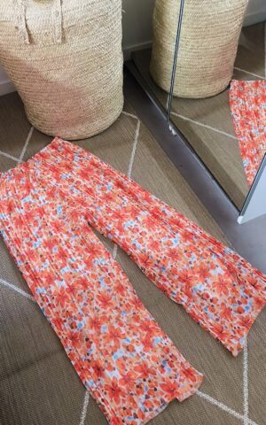 Pantalon d'été orange plissé fluide à motifs - estival