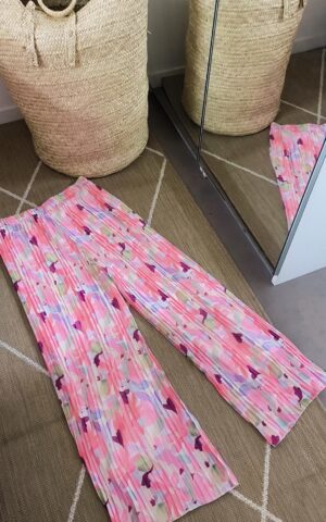 Pantalon d'été rose plissé fluide à motifs - estival