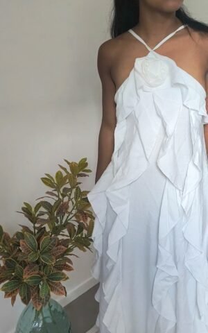 details robe longue col licou, couleur blanc