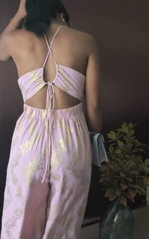 combinaison details dos rose pantalon femme