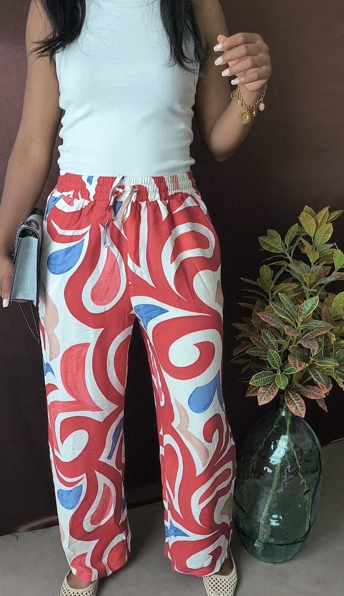Pantalon fluide imprimé rouge femme - léger et confortable