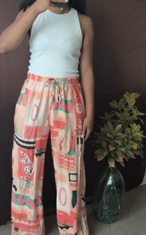 pantalon imprime saumon coloree - rose carmel